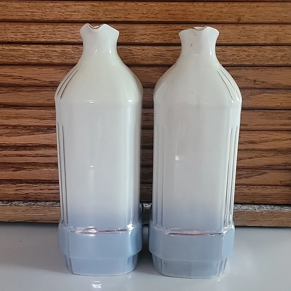 Vintage White and Cream Oil and Vinegar Dispenser Set Czechoslovakia Blue Luster